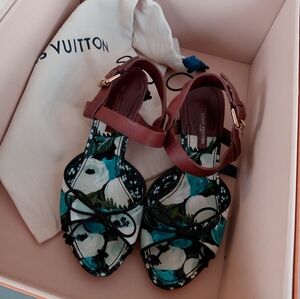 Louis Vuitton Floral Print Sandals with Brown Straps